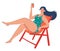 Women is relaxing in a sun lounger. Cute girl drinks cocktail. Summer vacation. Outdoor recreation. Young girl Relax. Flat cartoon