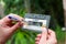 Women rewind a cassette tape compact Vintage on blur background