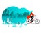 Women Riding Bicycle Around City in Summer, Strong wind in Park blowing hair, Cycling for Health. Flat Cartoon Style. Vector Illus