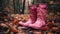 Women rubber boots trek through muddy autumn forest generated by AI