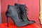 Women`s black fur, ankle boots handmade. Imitation brand shoes