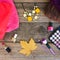 Women`s clothing and cosmetics: sweaters, lipstick, nail polish, necklaces, eye shadow, brushes, yellow leaves