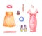 Women`s clothing set. Watercolor collection of skirt, dress, acc