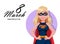 Women`s day. Blond woman in super hero costume