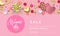 Women`s day greeting card banner of gold heart, gift box decoration with chocolate candy pink background for 8 March.