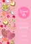 Women`s day greeting card poster of gold heart, gift box decoration with chocolate candy pink background for 8 March.