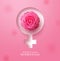 Women`s day international vector design. March 8 women`s day greeting text with female symbol and camellia flower elements