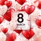 Women s day red background with balloons, heart shape.Confetti and ribbon. Love symbol. March 8. I love you. Spring