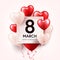 Women s day red background with balloons, heart shape. Love symbol. March 8. I love you. Spring holiday.