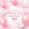 Women`s Day Special Offer. 70 percent Off Sale card design with frame, pink and white air balloons on rosy background