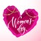 Women`s day text on pink paper cut heart background. Vector 8 March greeting card for mother`s day. Papercut heart