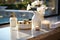 women\\\'s dressing table with perfume bottle, cream jars, candles and flowers. Women\\\'s cosmetics on the table
