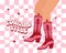 Women\\\'s elegant legs in cowboy boots. Pink Western Cowgirl style boots and text on a retro background. Illustration