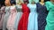 Women's evening dresses on mannequins in a women's clothing store