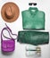 Women's fashion clothing and accessories. Jeans, denim shirt, sneakers, felt hat, leather bag, sunglasses, layout on a white.