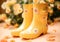 Women\\\'s fashion flowery yellow rain boots. Super detailed. Winter time. AI generated