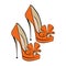 Women`s fashionable orange high-heeled shoes with a bow. Shoes with an open toe. Design suitable for icons