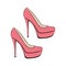 Women`s fashionable pink decorative high-heeled shoes. Sketch design is suitable for icons