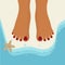 Women`s feet with painted nails on the sand by the sea. Vector illustration