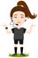 Women`s football, clueless female cartoon referee shrugging shoulders, wearing headset, wireless mic