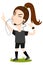 Women`s football, disgruntled female cartoon referee blowing whistle pointing to headset