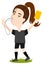 Women`s football, female cartoon football referee dressed all black blowing whistle and holding yellow card