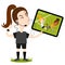 Women`s football, female cartoon referee blowing whistle pointing to headset holding display and reviewing replay of foul