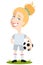 Women`s football, female football player for England standing on pitch holding ball, cartoon woman wearing white shirt and shorts