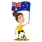 Women`s football, female player for Australia, cartoon woman holding Australian flag wearing yellow shirt and green shorts