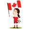 Women`s football, female player for Canada, cartoon woman holding Canadian flag wearing red shirt and shorts
