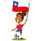 Women`s football, female player for Chile, cartoon woman holding Chilean flag wearing red shirt and blue shorts