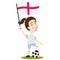 Women`s football, female player for England, cartoon woman holding English flag wearing white shirt and shorts