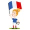 Women`s football, female player for France, cartoon woman holding French flag wearing blue shirt and white shorts