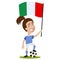 Women`s football, female player for Italy, cartoon woman holding Italian flag wearing blue shirt and white shorts