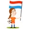 Women`s football, female player for the Netherlands, cartoon woman holding Dutch flag wearing orange shirt and shorts