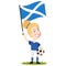 Women`s football, female player for Scotland, cartoon woman holding Scottish flag wearing blue shirt and white shorts