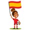Women`s football, female player for Spain, cartoon woman holding Spanish flag wearing red shirt and shorts