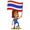 Women`s football, female player for Thailand, cartoon woman holding Thai flag wearing blue shirt and shorts