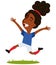 Women`s football, happy winning female French cartoon football player wearing blue shirt and white shorts running and cheering