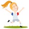 Women`s football, happy winning female US American cartoon soccer player wearing white shirt and shorts running and cheering