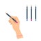 Women`s hand with cosmetic product: eyeliner, eyebrow, lip pen.