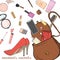 Women`s handbag with cosmetics, shoes and smartphone. Personal effects fell out of the bag. Vector illustration in