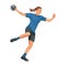 Women\'s handball player figure in a blue uniform t-shirt throws a ball bouncing
