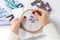 Women`s hands with a cross embroidered on the fabric patterns of flowers