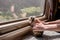 Women\'s hands hold a beige American guinea pig near a window inside a traveling train in summer