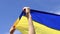 Women\\\'s hands with the Ukrainian flag against the sky. Yellow-blue flag