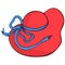 Women`s hat with wide brim. Red hat with a blue ribbon