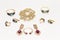 Women`s jewelry with pearls, rubies, topaz and emeralds