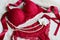 Women`s lace underwear of red, wine color: bra and panties.