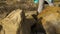 Women's legs in pants and sneakers walk on the rocks against a backdrop of boulders. Side view. The camera moves